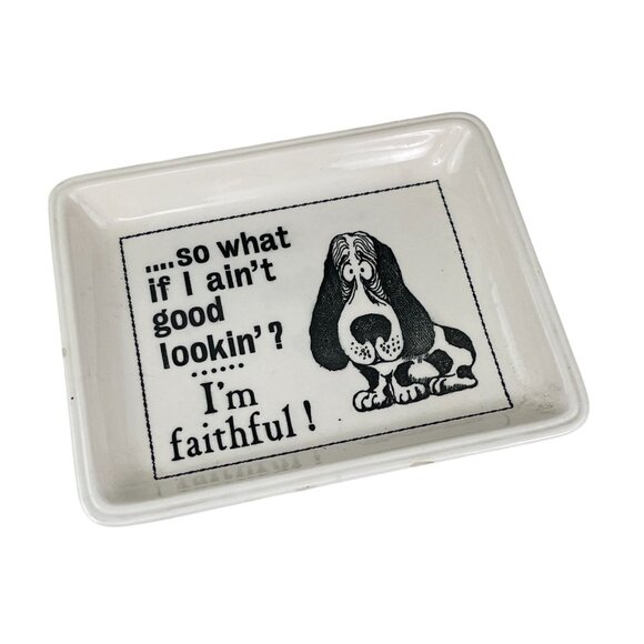 1970s Basset Hound Trinket Dish Humorous Quote & Cartoon Design White & Black - Picture 4 of 4